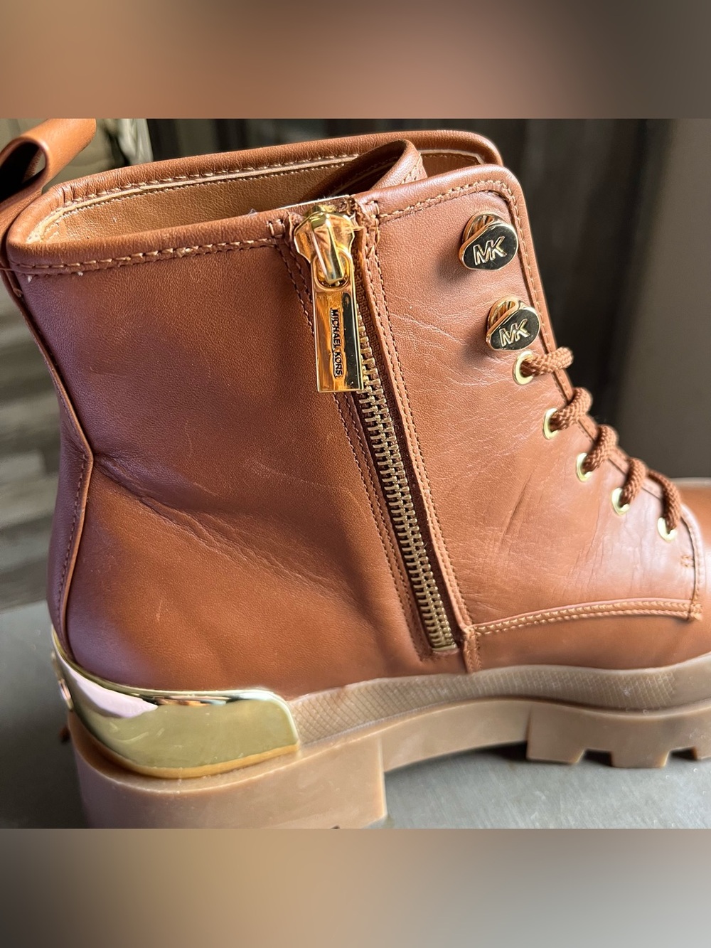 MICHAEL KORS Payton Leather Combat Boot Luggage Color Size 10 New - Picture 6 of 10
